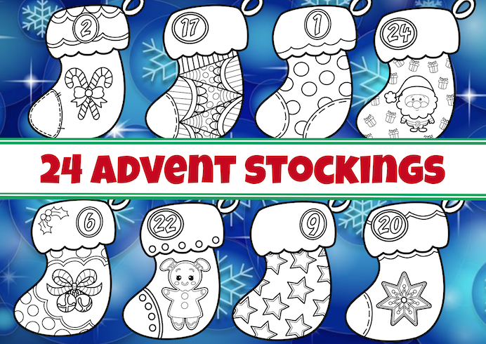 24 Christmas Stockings Colouring Advent Calendar