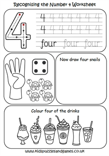 4 Recognising the Number Four Worksheet - Kids Puzzles and Games