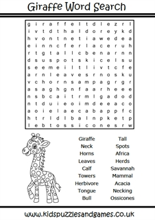 Giraffe Word Search - Kids Puzzles and Games